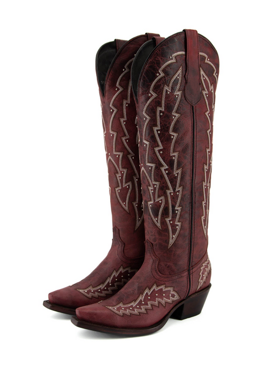 Distressed Brown Studded Embroidery Snip-Toe Half-Zip Cowgirl Knee High Tall Boots