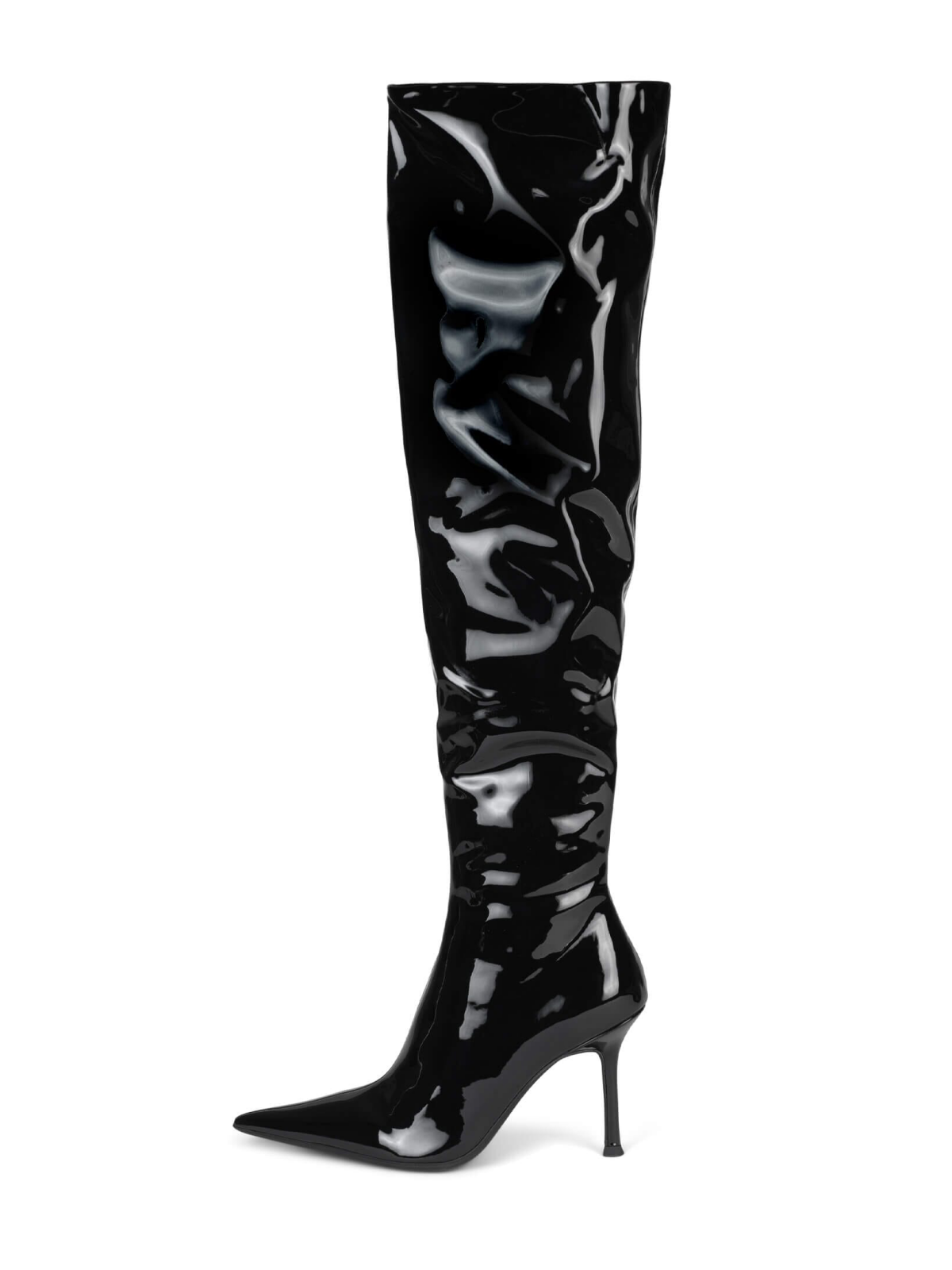 Black Patent Pointed-Toe Half-Zip Over-The-Knee Stiletto Boots