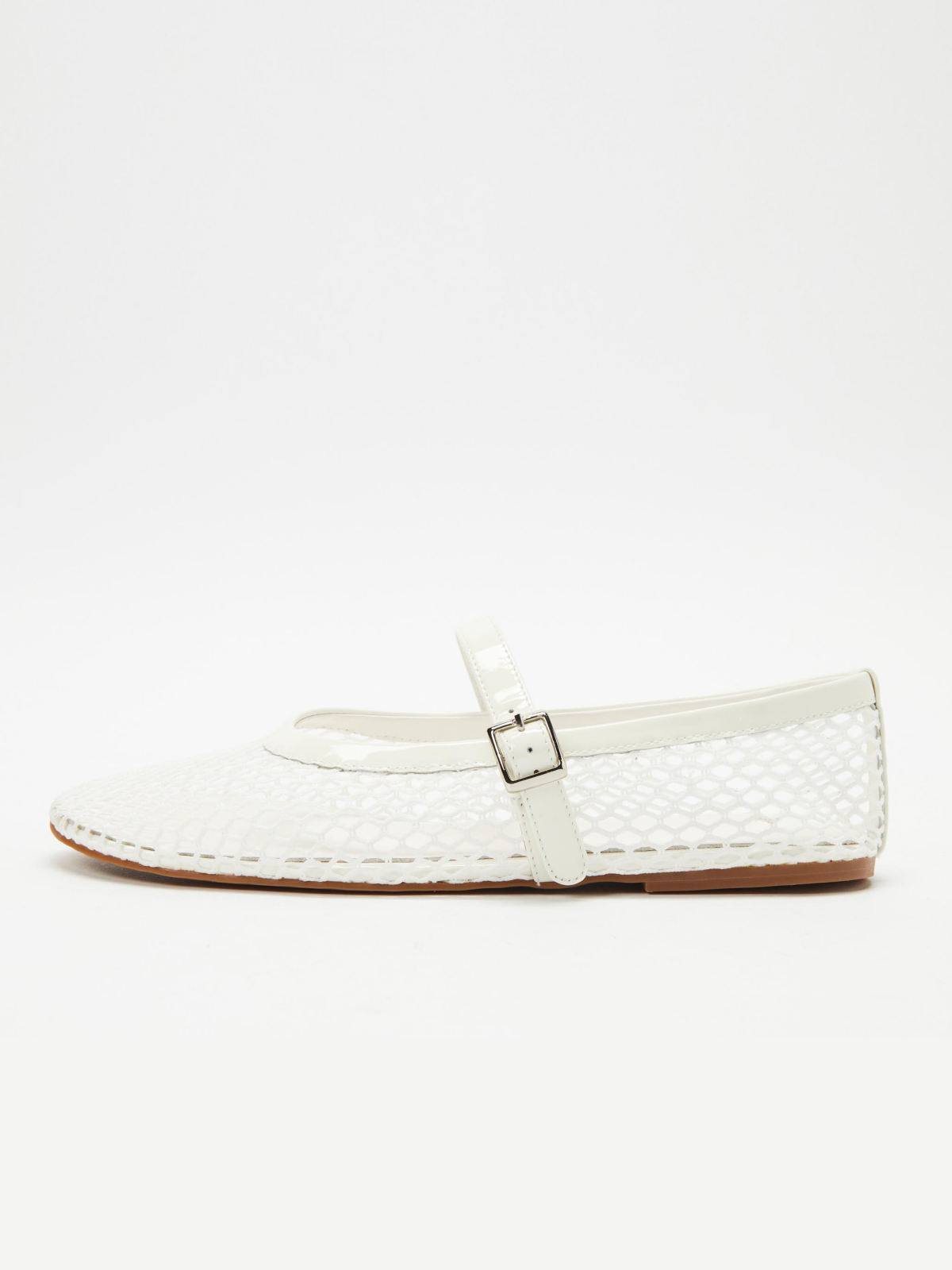 Fishnet Round-Toe Ballet Flats Mary Janes With Buckled Strap In White