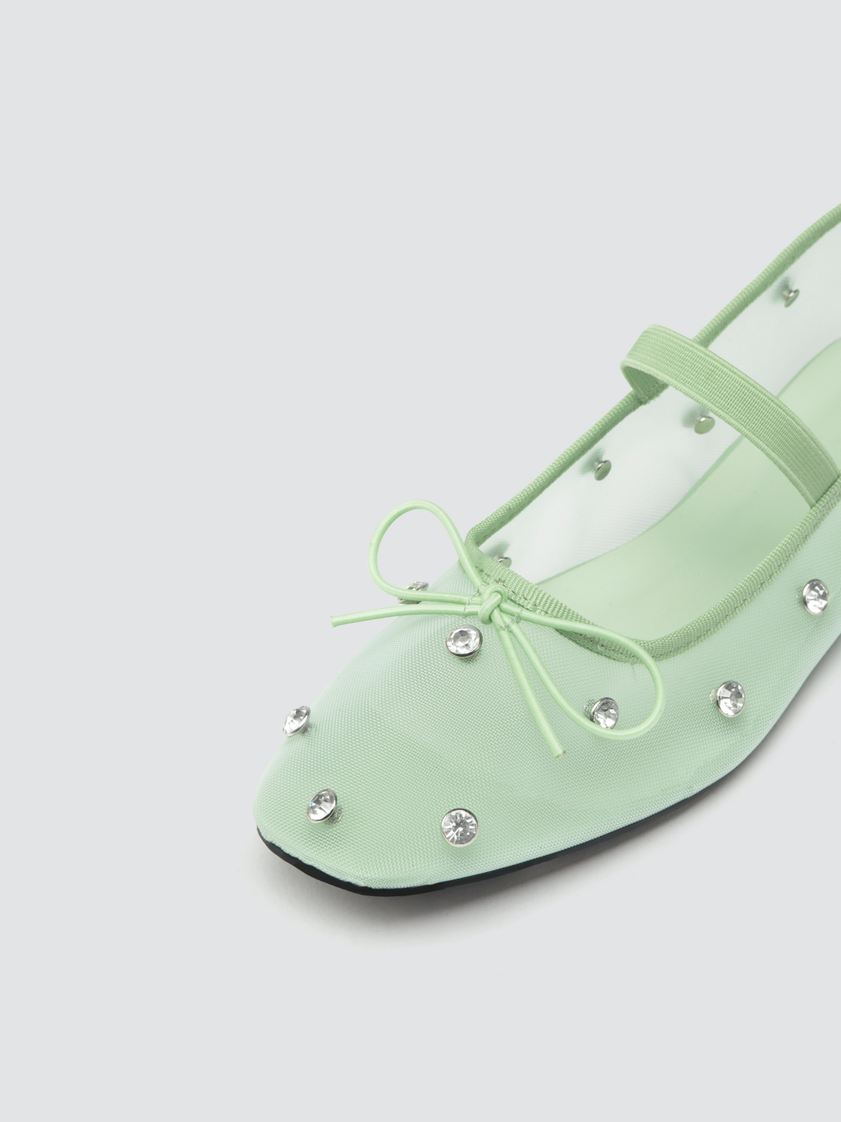 Green Mesh Rhinestone Bow Square-Toe Ballet Flats Mary Janes