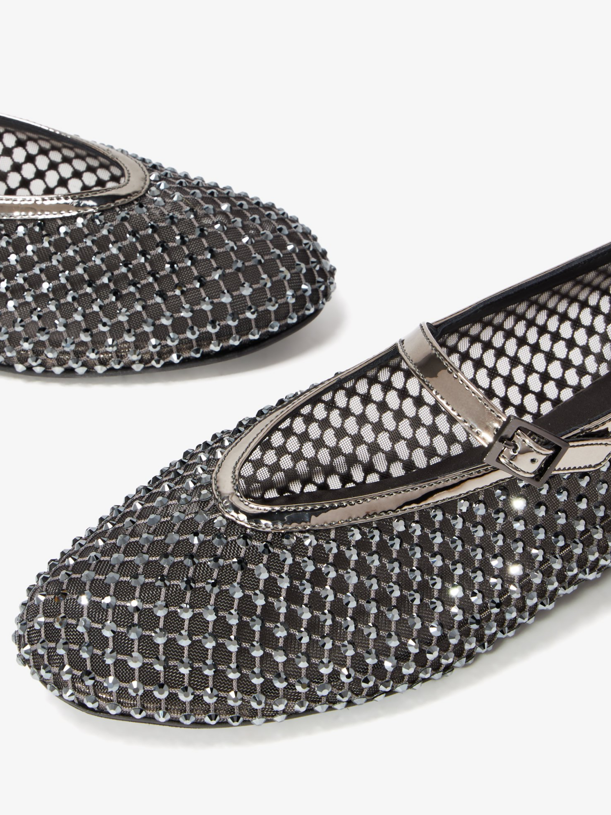 Metallic Silver Rhinestone Fishnet Round-Toe Ballet Flats Mary Janes