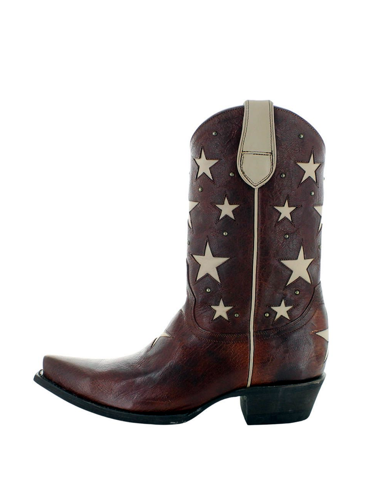 Dark Brown Snip-Toe Studded White Star Inlay Wide Mid Calf Cowgirl Boots