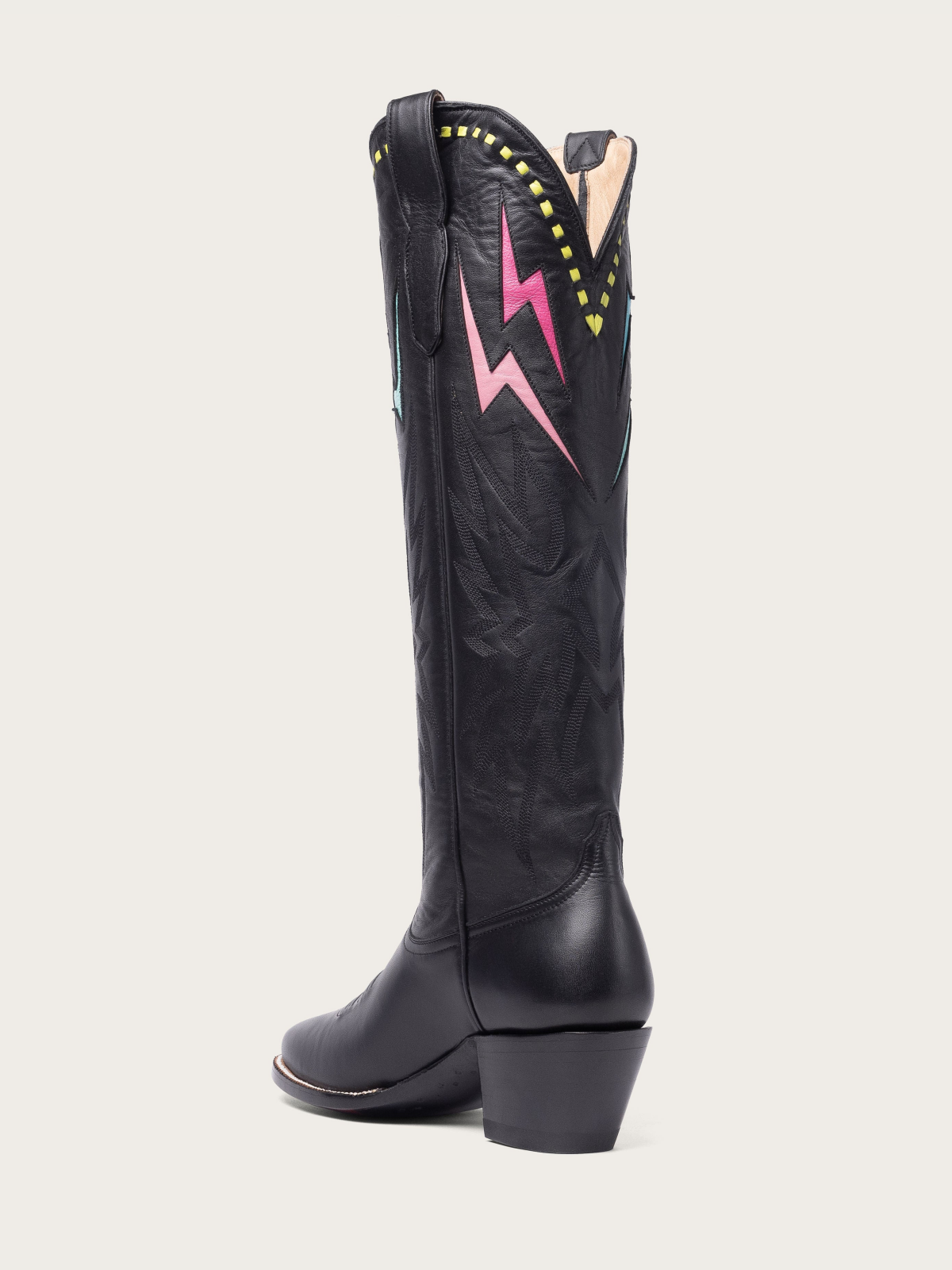 Rainbow Lightning Inlay Stitch Embroidery Almond-Toe Wide Mid Calf Cowgirl Boots - Black