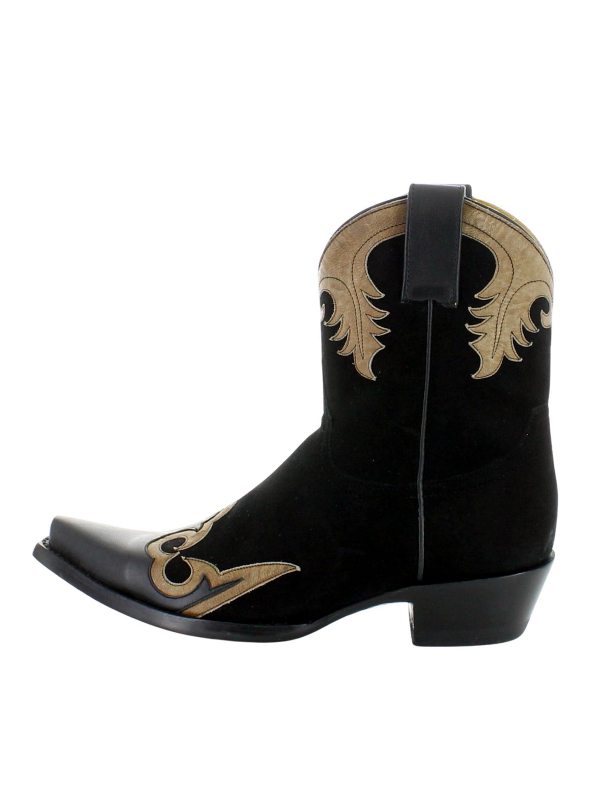 Black Faux Suede Snip-Toe Tan And Black Applique Wide Mid Calf Cowgirl Boots