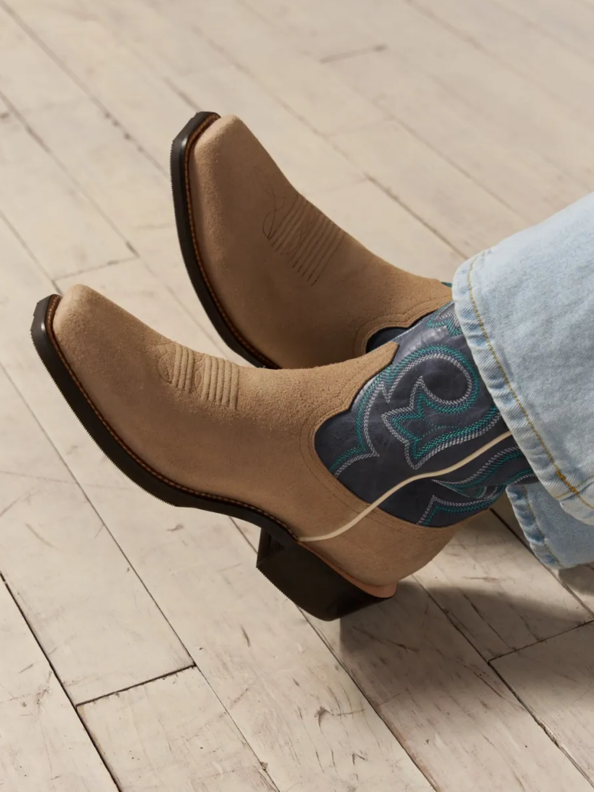 Contrast Indigo And Tan Faux Suede Square-Toe Embroidery Cutout Wide Mid Calf Cowgirl Boots