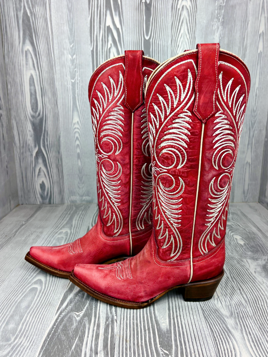 Red Snip-Toe Feather Embroidery Wide Mid Calf Western Boots For Women