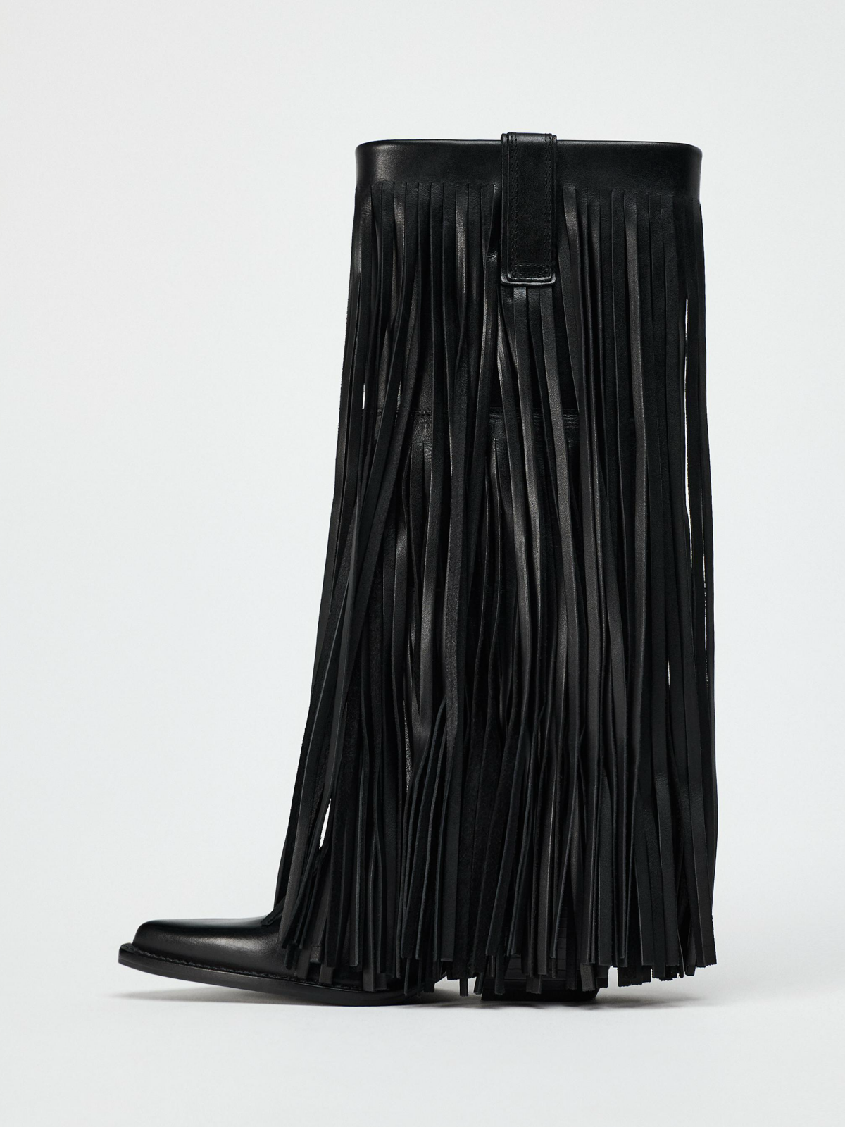 Black Pointed-Toe Fringe Wide Mid Calf Stiletto Boots