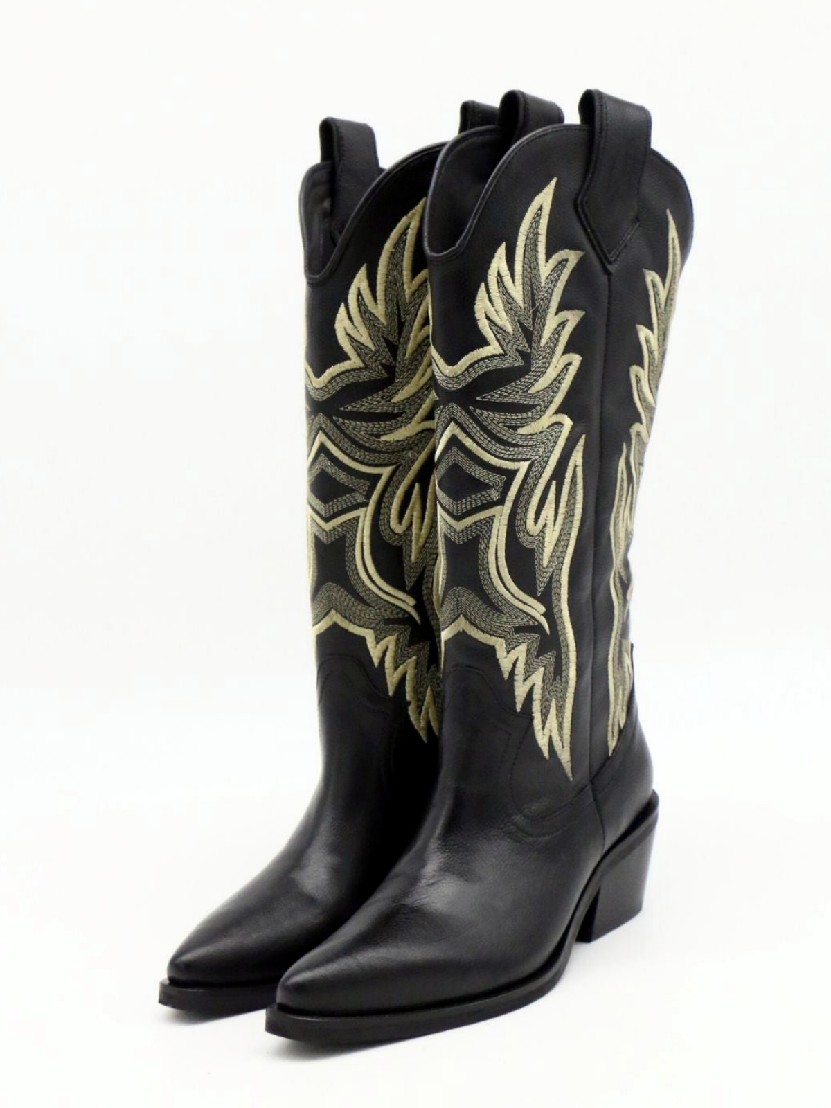 Black Vegan Leather Snip-Toe Embroidery Wide Mid Calf Tall Cowgirl Boots