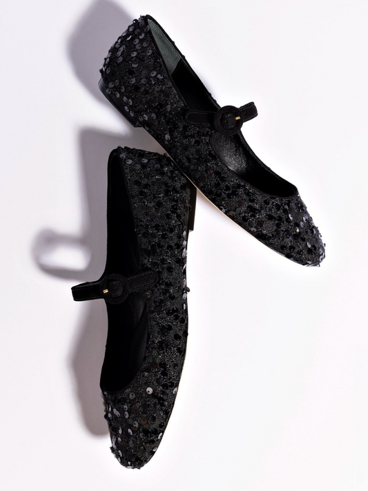 Black Faux Suede Round-Toe Bridge Starp Ballet Flats With Sequins