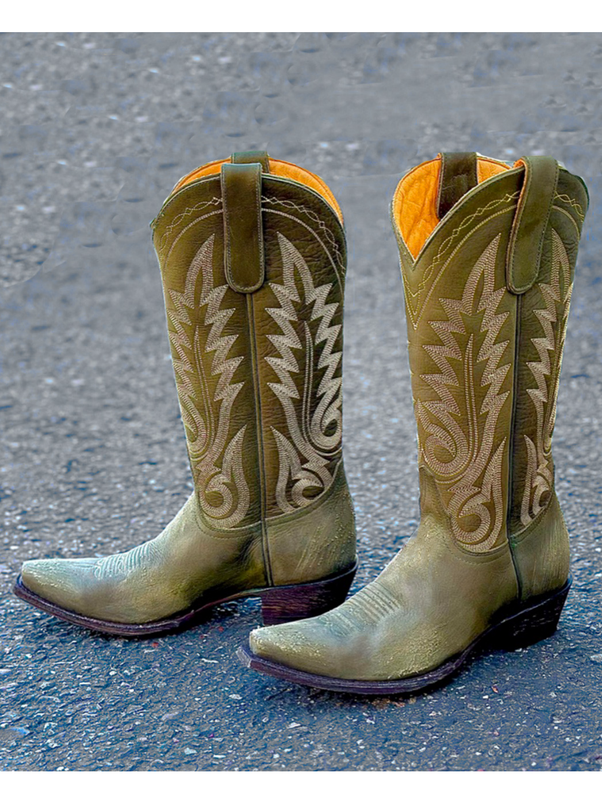 Green Snip-Toe Classic Embroidery Wide Mid Calf Cowgirl Boots