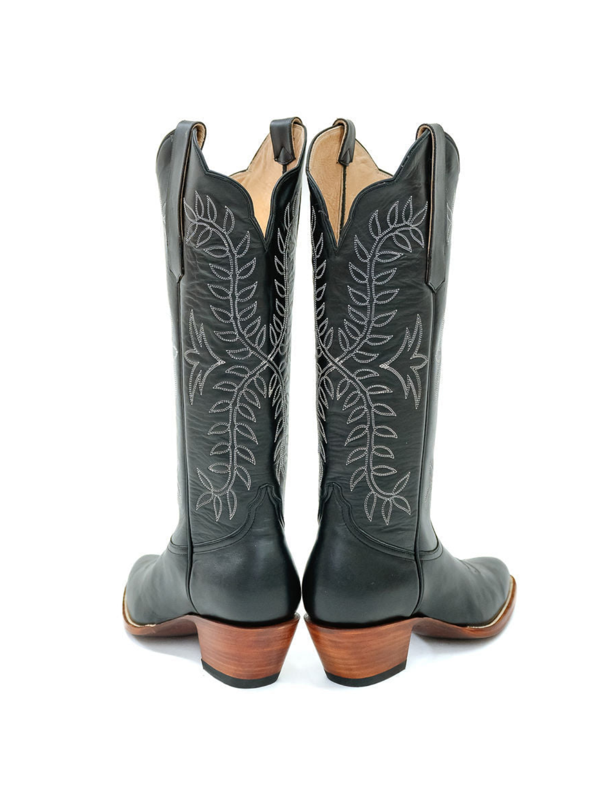 Black Almond-Toe Classic Leaves Embroidery Wide Mid Calf Cowgirl Boots