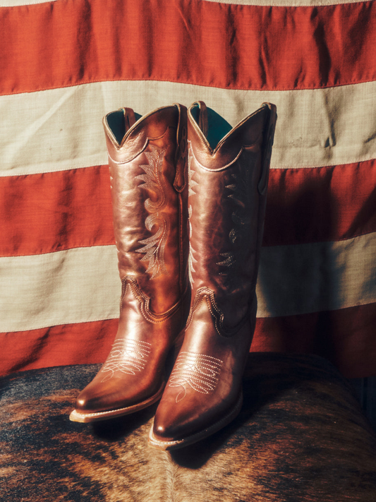 Metallic Rose Gold Embroidery Snip-Toe Wide Mid Calf Cowgirl Tall Boots