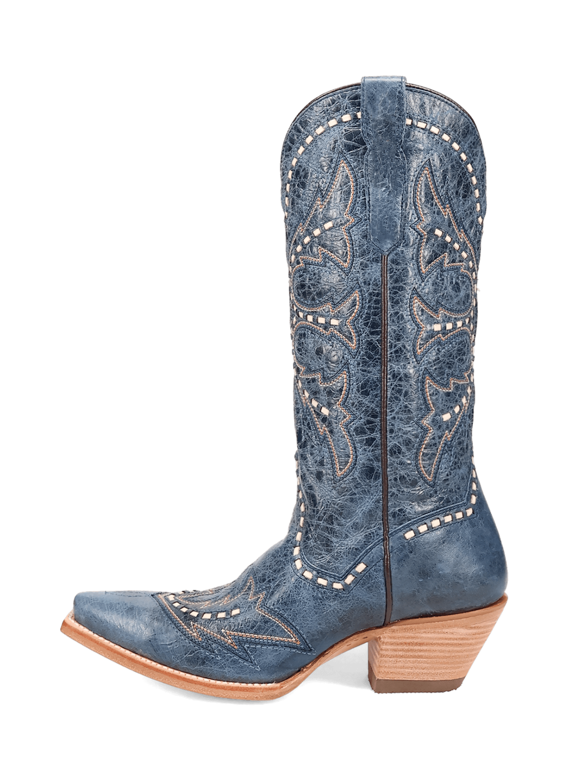 Distressed Blue Snip-Toe Embroidery And Running Stitch Wide Mid Calf Cowgirl Boots