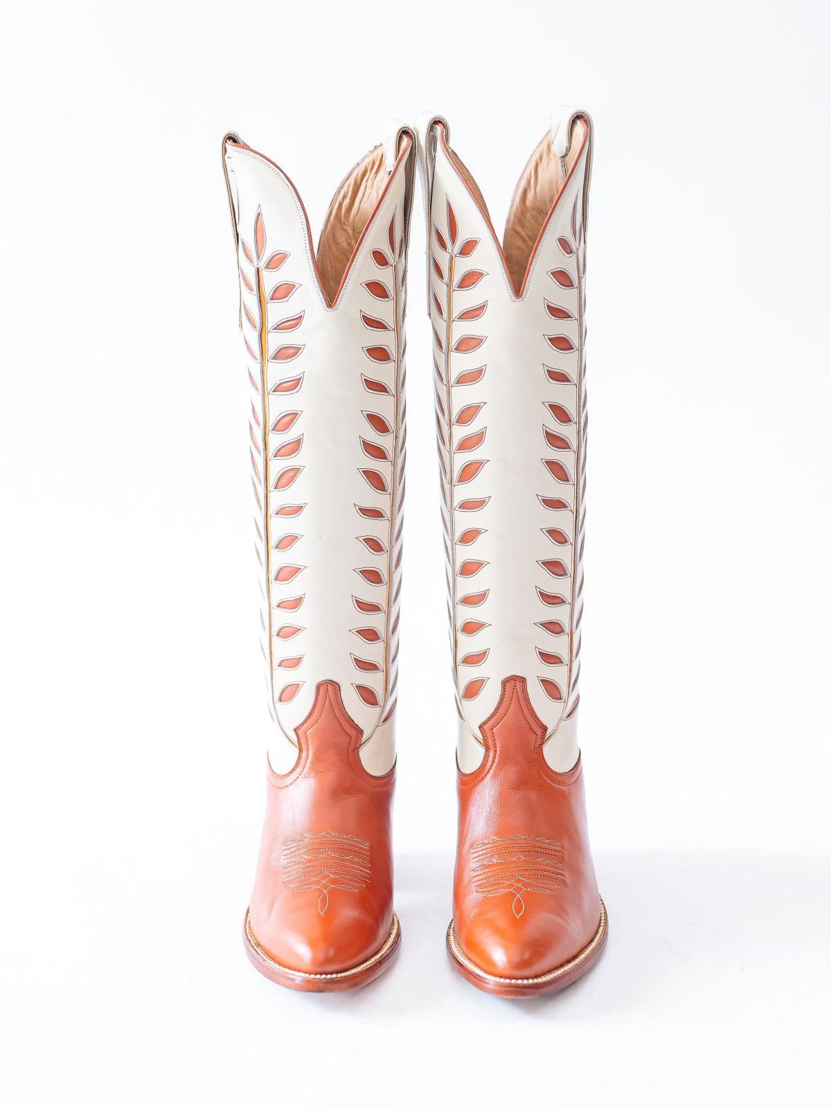 Almond-Toe Leaves Inlay Wide Calf Tall Knee High Cowgirl Boots - Contrast Orange And Ivory