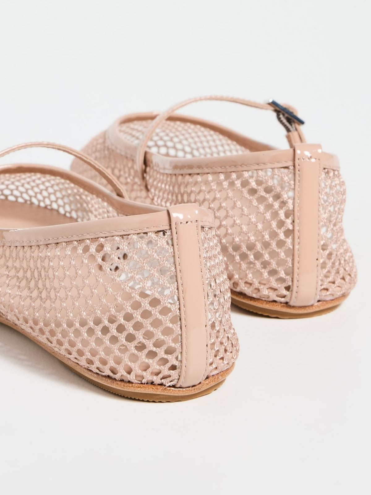 Blush Beige Fishnet Ballet Flats Mary Janes With Thin Buckle Strap