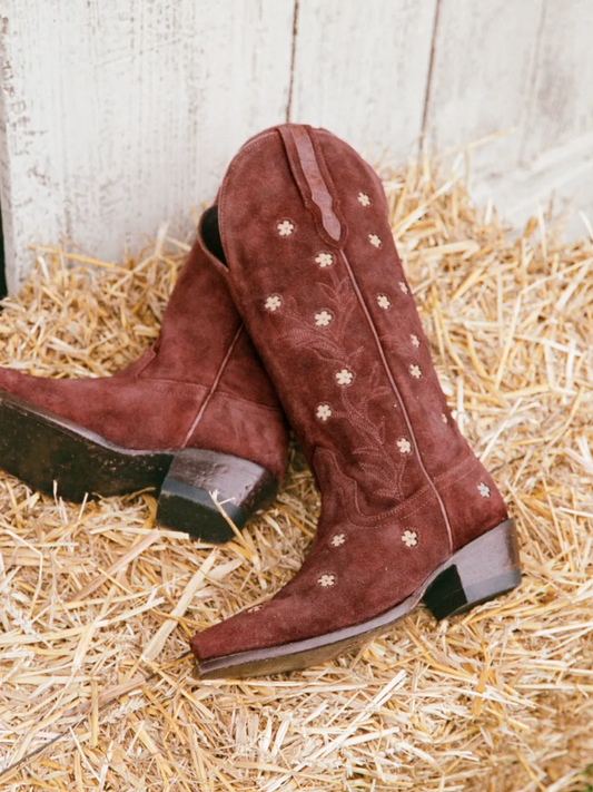 Brick Red Faux Suede Snip-Toe Wide Mid Calf Cowgirl Tall Boots With White Floral Inlay