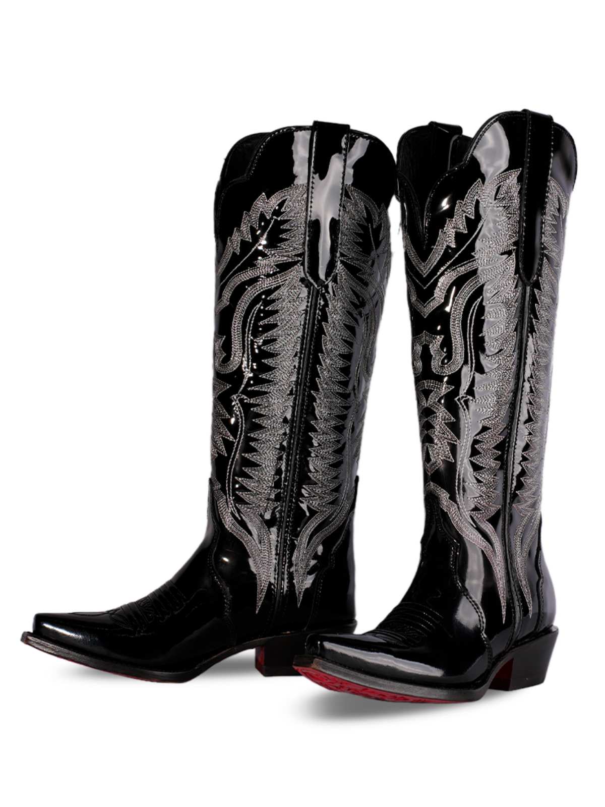 Black Patent Embroidery Snip-Toe Wide Mid Calf Tall Cowgirl Boots