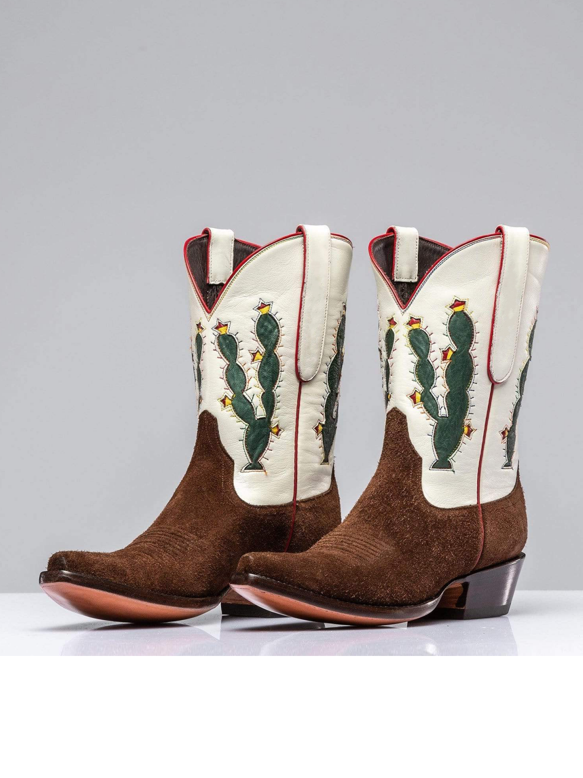 Contrast White And Chocolate Faux Suede Wide Mid Calf Cowgirl Boots With Cactus Inlay