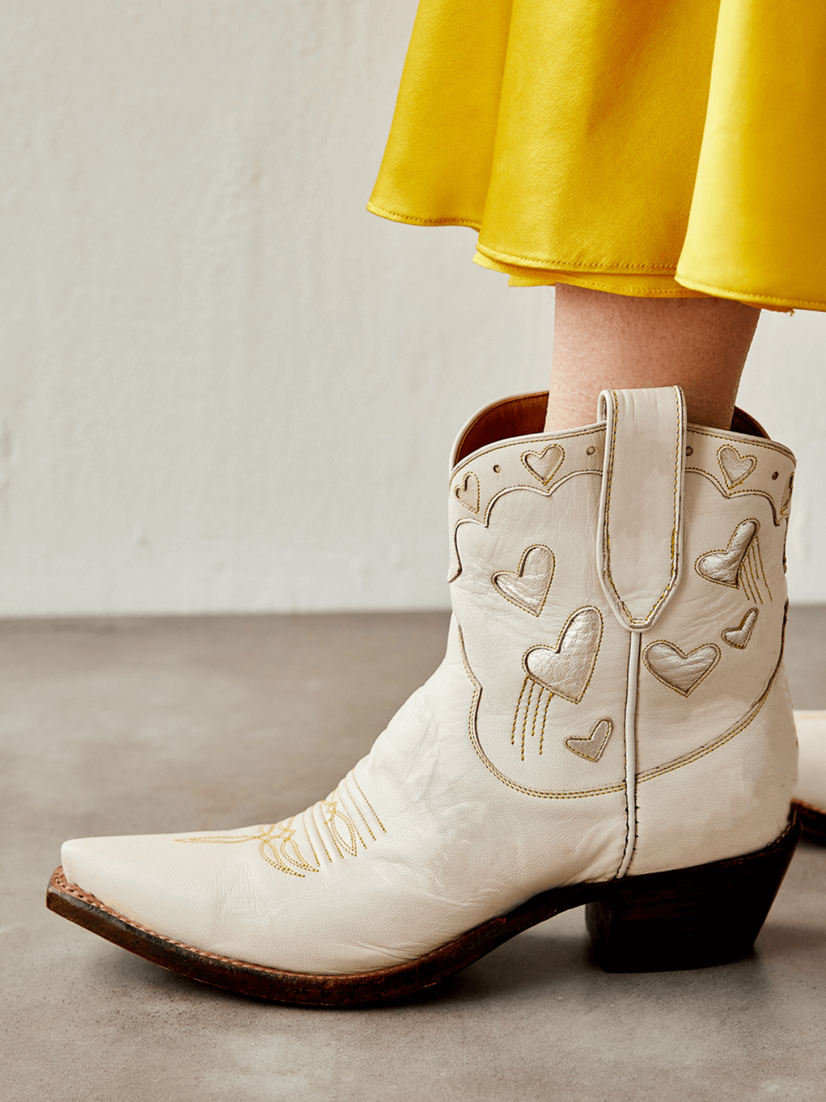 Cream Snip-Toe Western Ankle Booties With Metallic Gold Heart Inlay