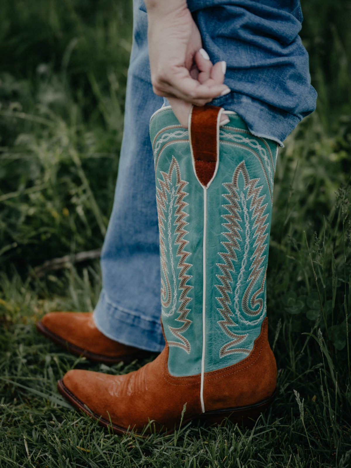 Contrast Teal Green And Brown Faux Suede Almond-Toe Embroidery Wide Mid Calf Cowgirl Boots