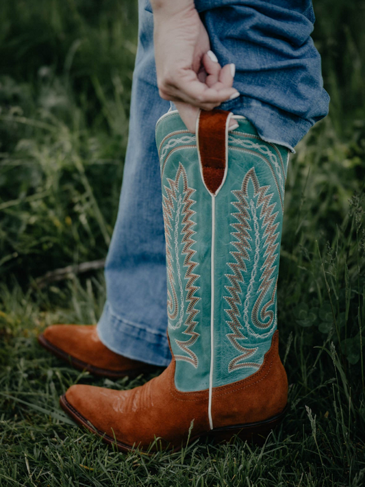 Contrast Teal Green And Brown Faux Suede Almond-Toe Embroidery Wide Mid Calf Cowgirl Boots