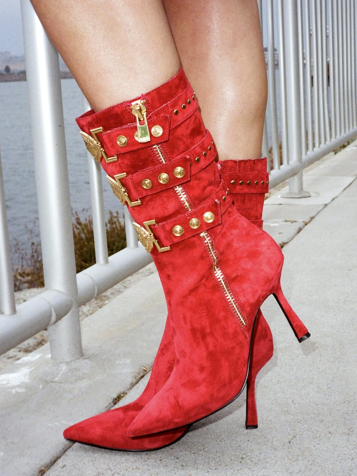 Red Full-Zip Mid Calf Stiletto Boots With Straps And Gold Emblem ...
