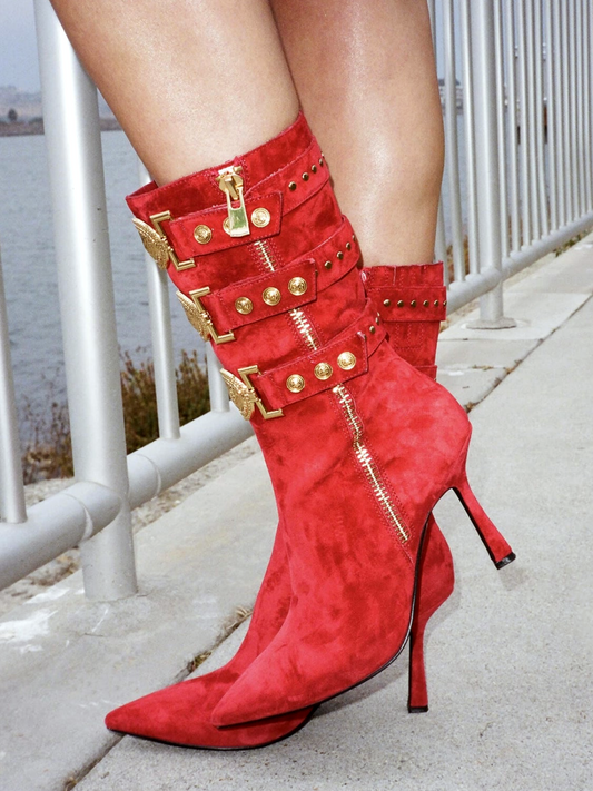 Red Faux Suede Pointed-Toe Full-Zip Mid Calf Stiletto Boots With Straps And Gold Emblem