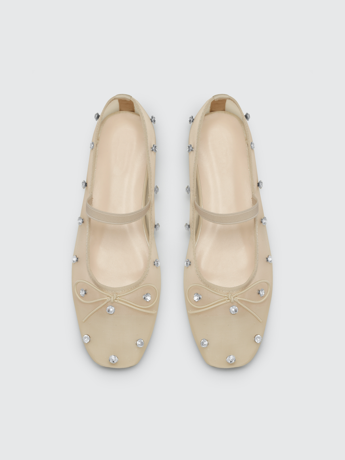 Beige Mesh Rhinestone Bow Square-Toe Ballet Flats Mary Janes