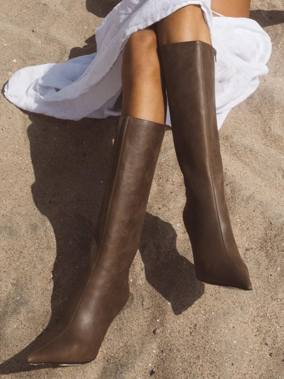 Distressed Taupe Pointed-Toe Full-Zip Mid Calf Stiletto Boots