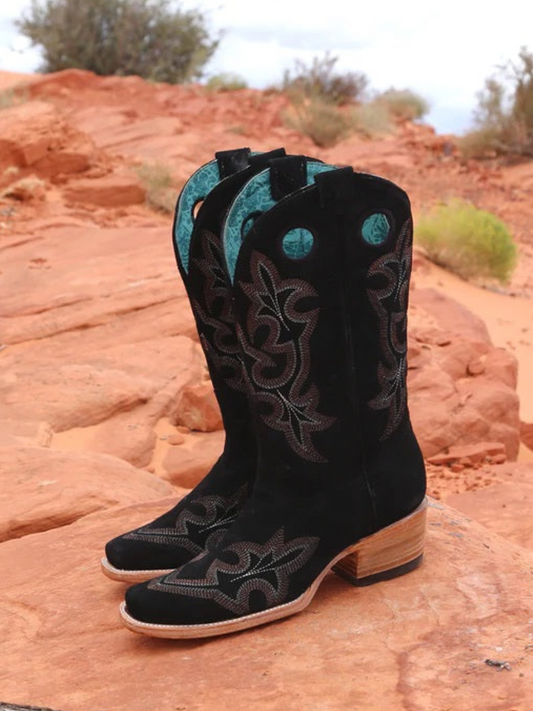 Faux Suede Cut-Out Square-Toe Embroidery Wide Mid Calf Cowgirl Boots - Black