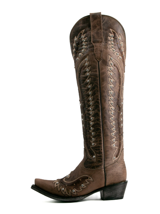 Distressed Tabaco Snip-Toe Studded Eagle Embroidery Half-Zip Knee High Cowgirl Boots