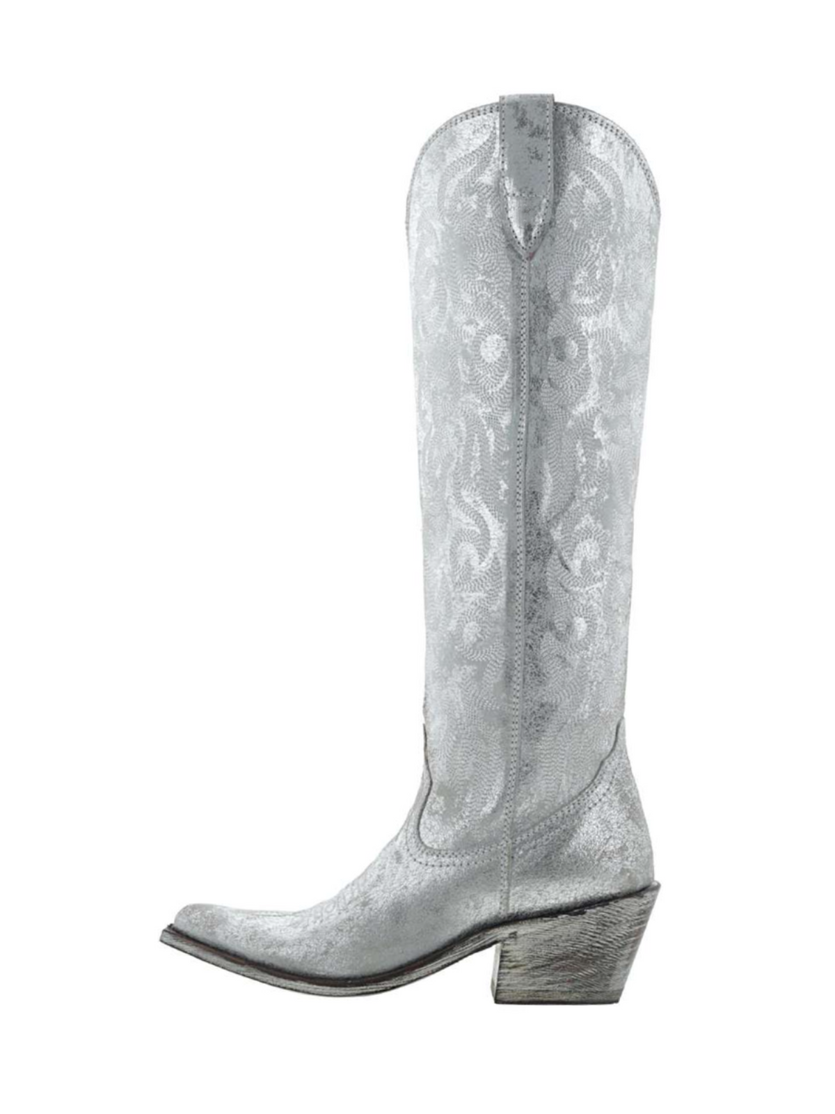 Distressed Metallic Round Pointed-Toe Embroidery Full-Zip Tall Knee High Cowgirl Boots - Silver