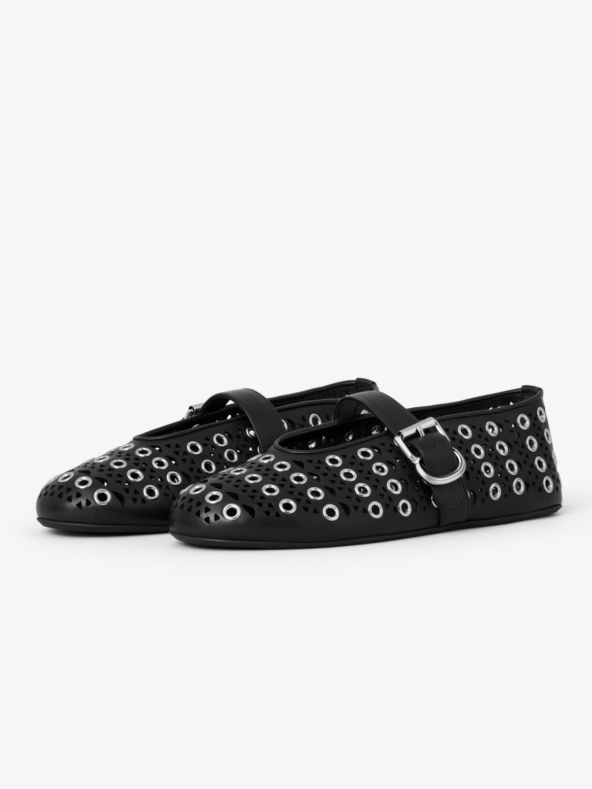 Black Round-Toe Bridge Strap Perforated Metallic Eyelets Ballet Flats