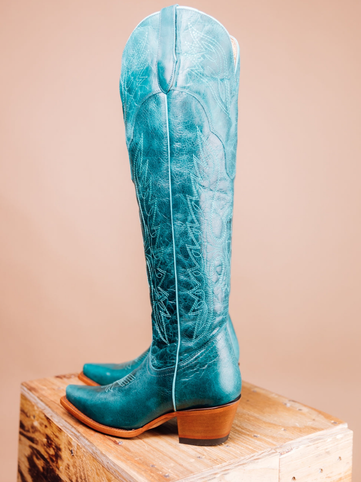 Eagle Embroidery Distressed Snip-Toe Half-Zip Over-The-Knee Tall Cowgirl Boots - Turquoise