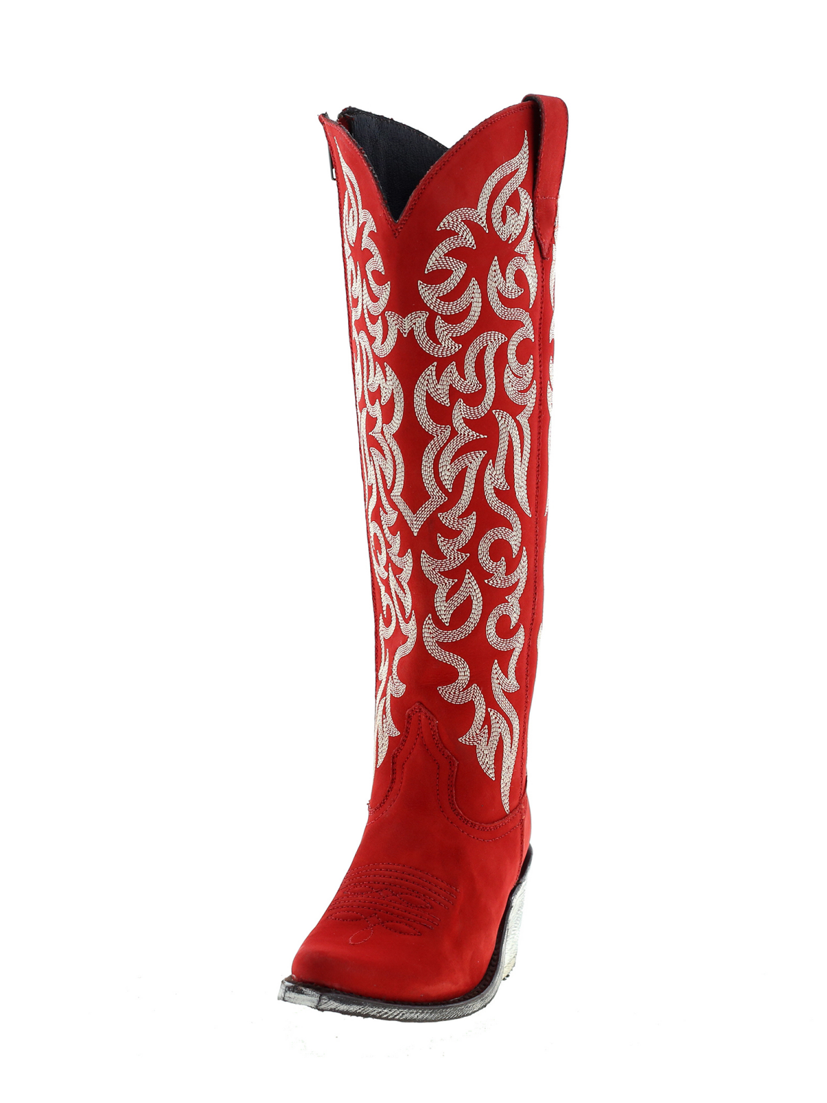 Embroidery Almond-Toe Full-Zip Knee High Tall Cowgirl Boots - Red