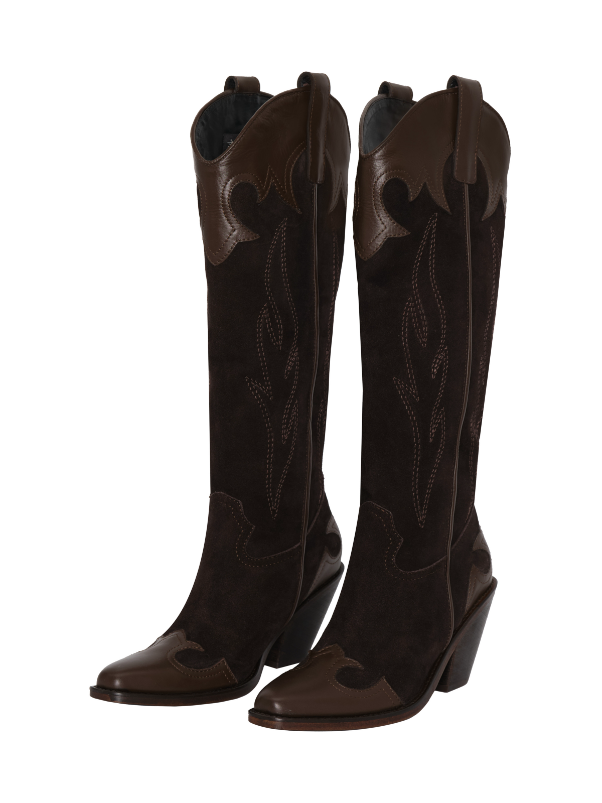 Black Faux Suede Snip-Toe Embroidery Brown Applique Wide Mid Calf Cowgirl Boots