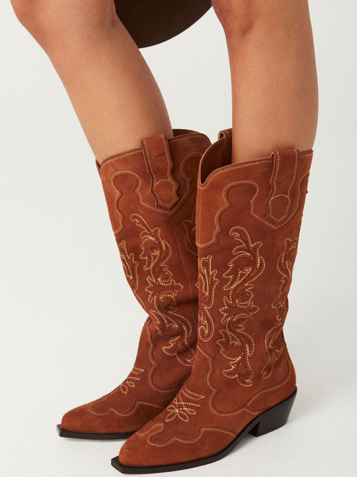 Warm Brown Faux Suede Almond-Toe Embroidery Wide Mid Calf Cowgirl Boots