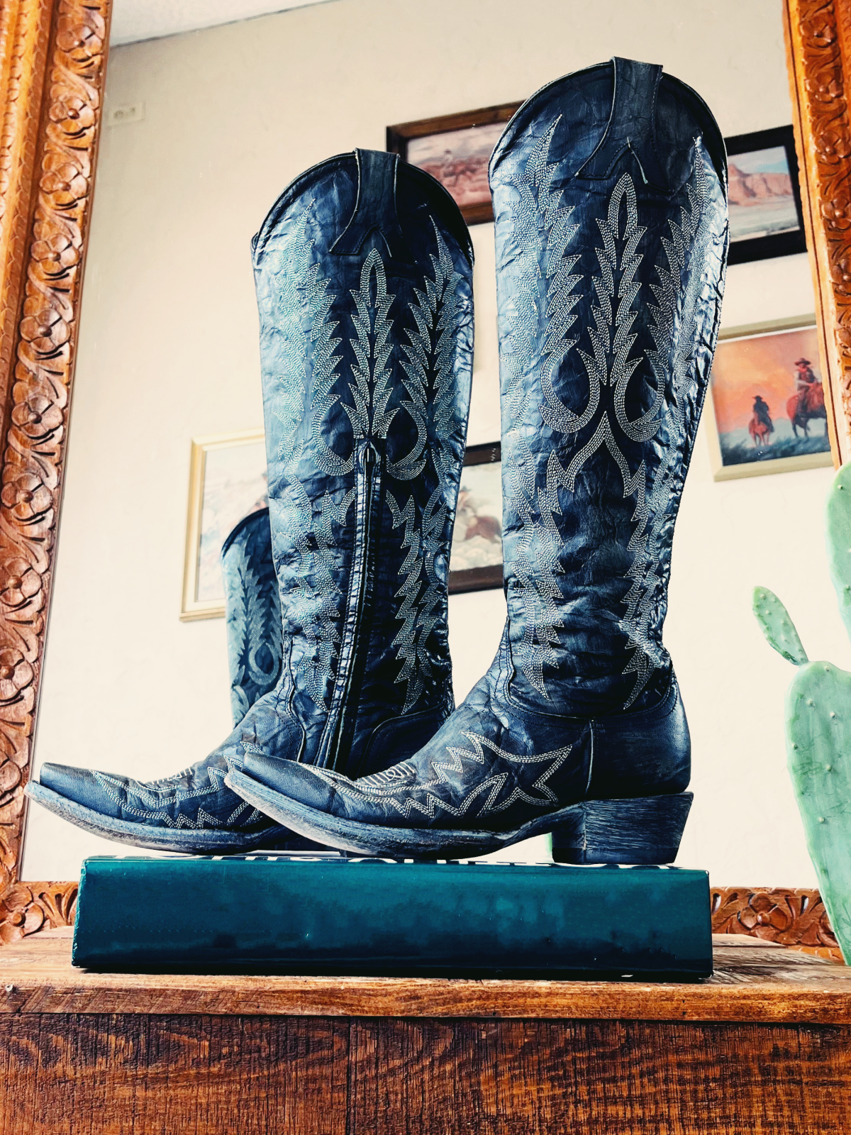 Distressed Black Embroidery Snip-Toe Half-Zip Western Boots Knee High Tall Boots