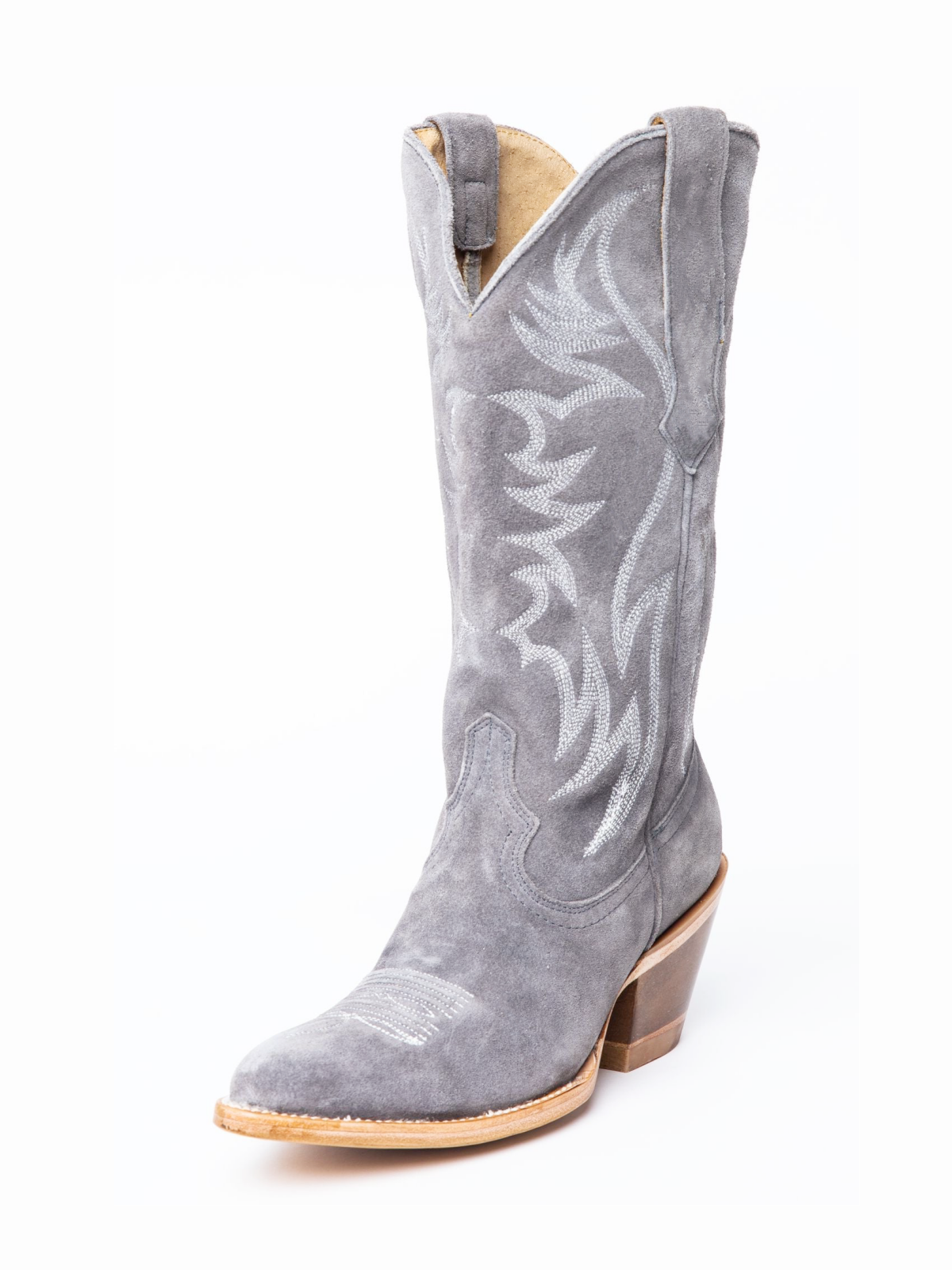 Faux Suede Wings Embroidery Pointed-Toe Wide Mid Calf Tall Cowgirl Boots - Gray