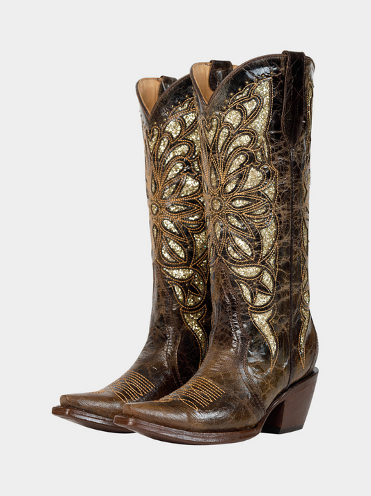 Distressed Chocolate Snip-Toe Studded Embroidery Glitter Inlay Wide Mid Calf Tall Cowgirl Boots