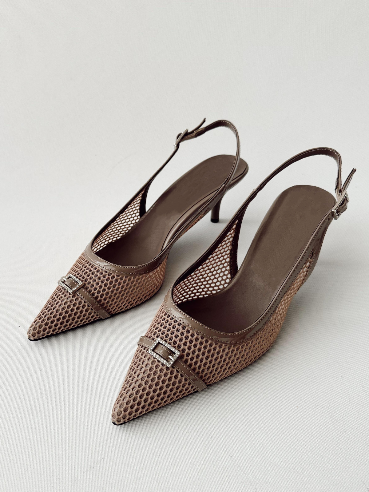 Taupe Fishnet Rhinestone Buckled Strap Kitten Heels Slingback Pumps