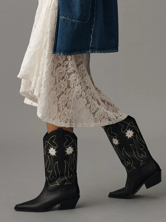 Black Snip-Toe Embroidery Floral Inlay Wide Mid Calf Cowgirl Boots