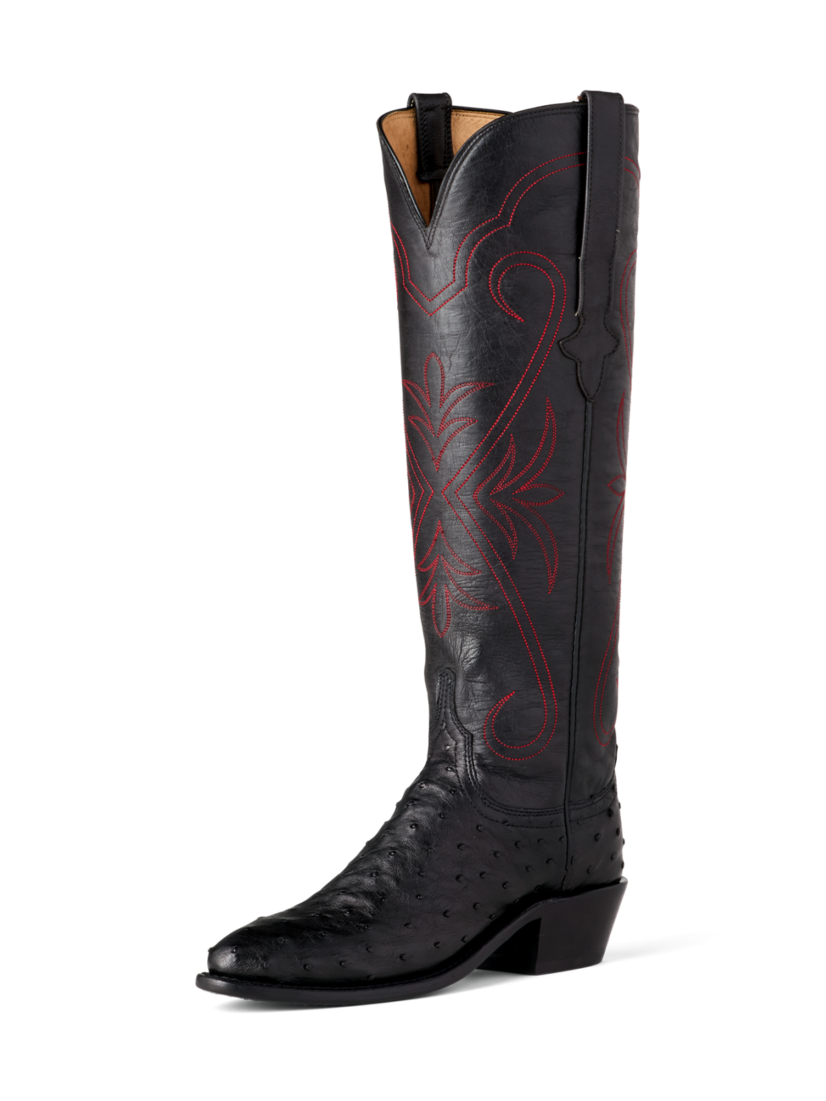 Black Almond-Toe Full Quill Ostrich Embroidery Wide Calf Knee High Tall Western Boots For Women