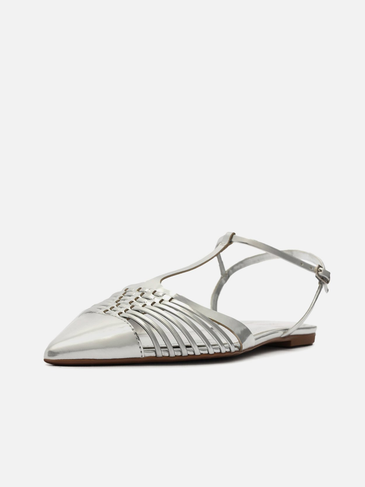 Metallic Silver Strap Interwined Pointy Flats With Ankle T-Strap