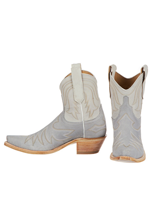 Embroidery Snip-Toe Wide Mid Calf Western Boots For Women - Contrast Gray And Cream