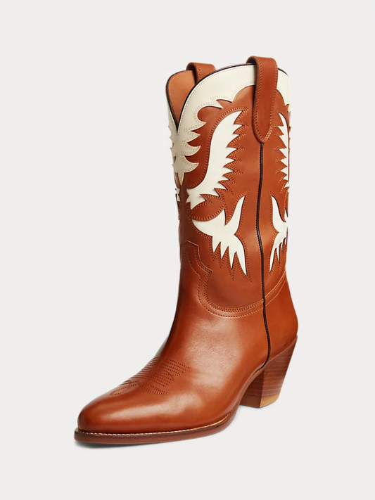 Tan Almond-Toe Cream Wings Inlay Applique Wide Mid Calf Tall Cowgirl Boots