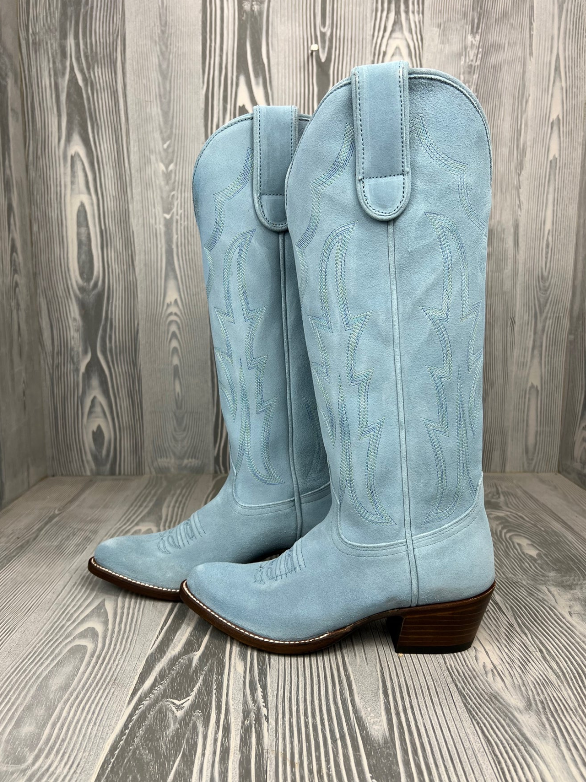 Baby Blue Embroidery Faux Suede Almond-Toe Tall Wide Mid Calf Cowgirl Boots