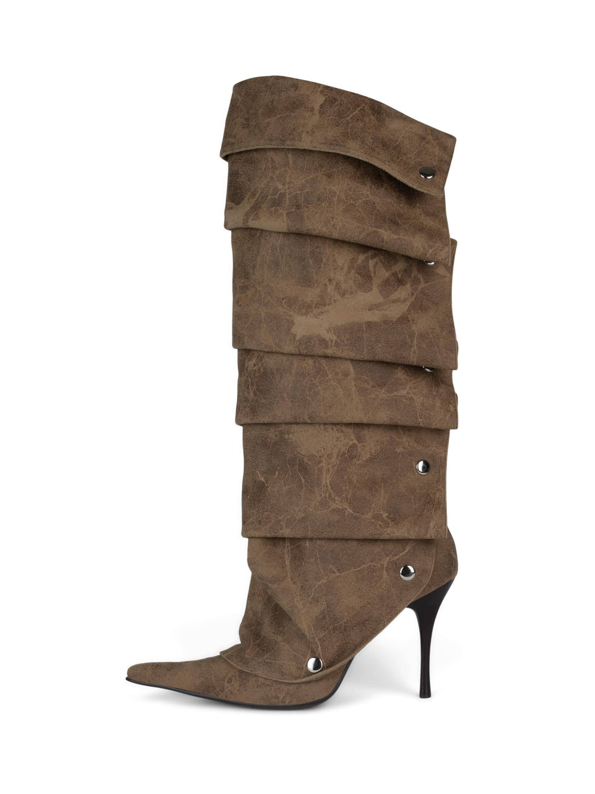 Distressed Taupe Pointed-Toe Mid Calf Full-Zip Stiletto Boots With Snap-Off Fold-Over Panel