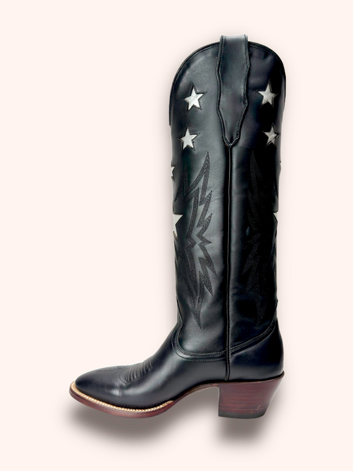 Metallic Star Inaly Embroidery Almond-Toe Wide Mid Calf Tall Cowgirl Boots - Black