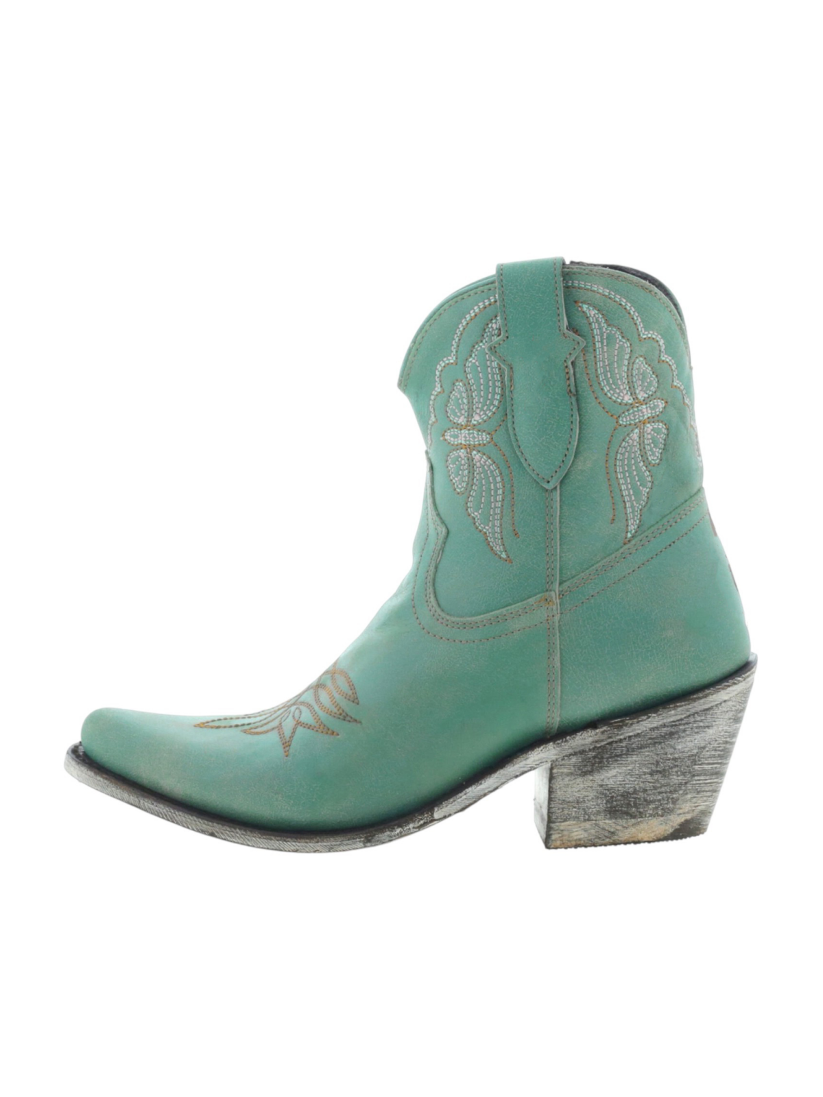 Butterfly Embroidery Almond-Toe Full-Zip Ankle Booties - Aqua